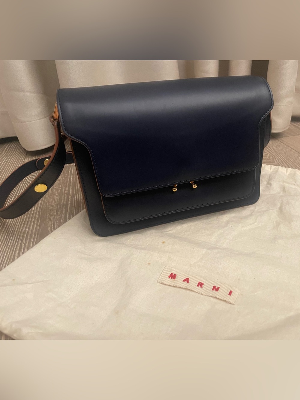 Authentic Marni Navy Medium Trunk Leather Crossbody Bag with Gold Hardware